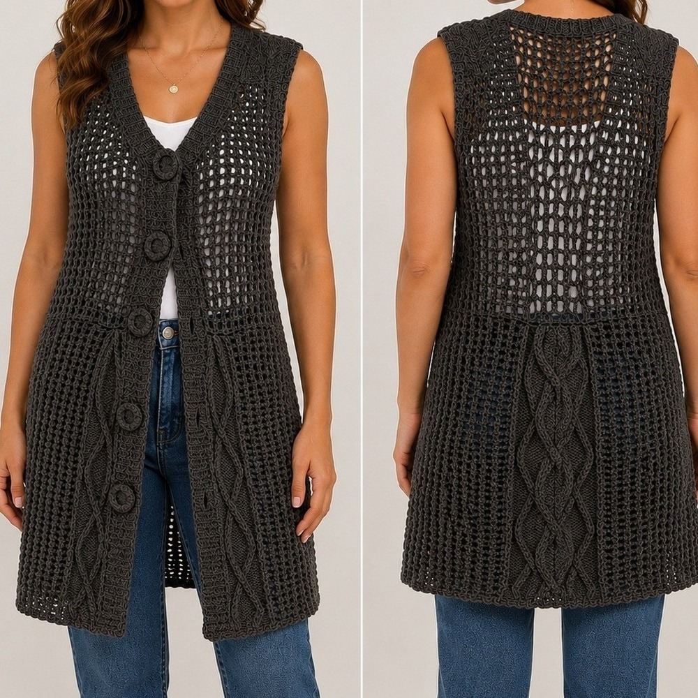 Hazel Gray Crochet Long Vest Cardigan Medium Boho Cable Knit Button Layer